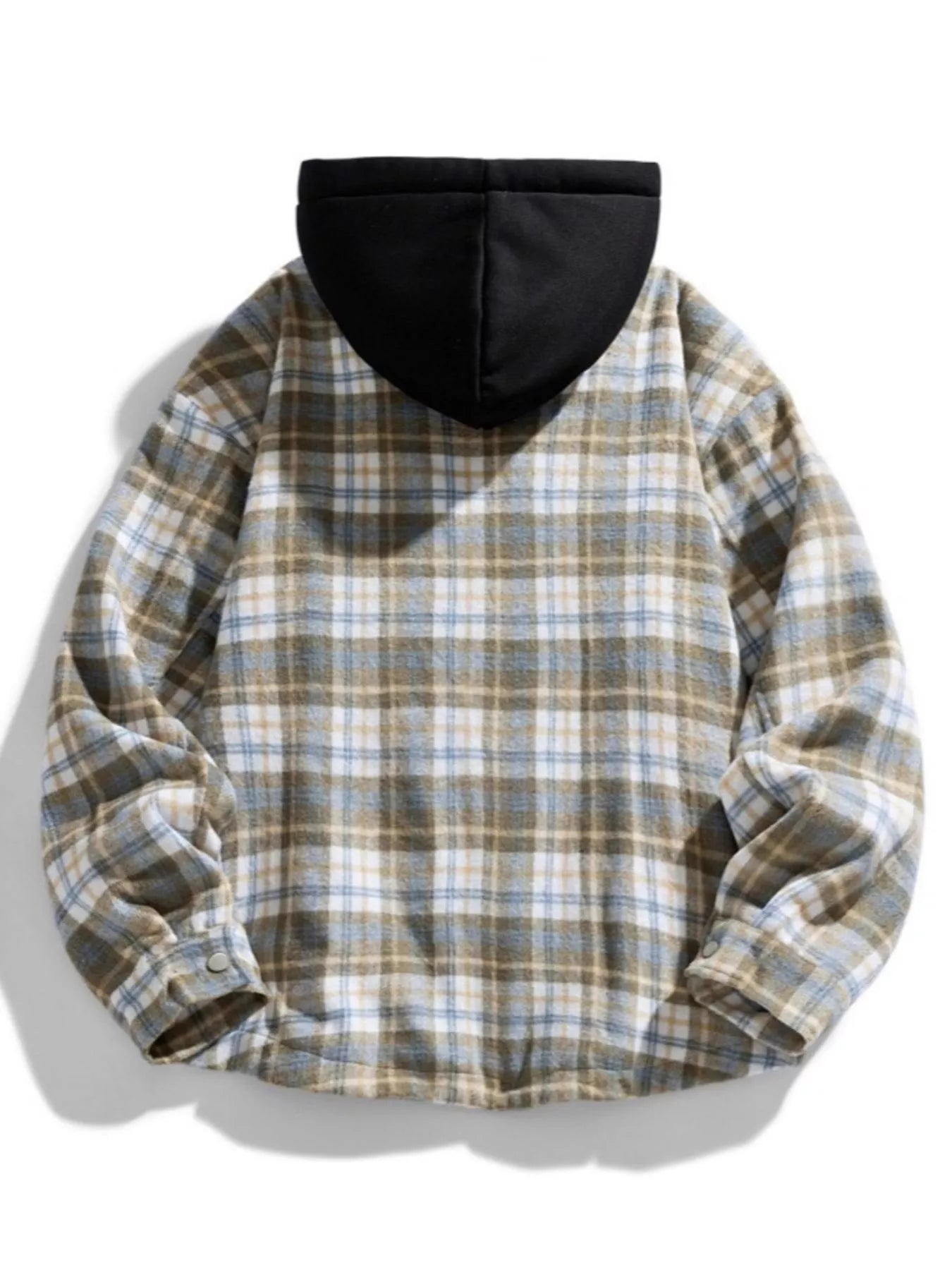 Men’s plus size plaid shirt jacket with black drawstring hood, button front and pockets, available in sizes M–4XL.