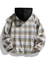Men’s plus size plaid shirt jacket with black drawstring hood, button front and pockets, available in sizes M–4XL.