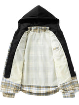 Men’s plus size plaid shirt jacket with black drawstring hood, button front and pockets, available in sizes M–4XL.