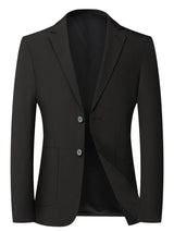 Men's black stretch button-up blazer with notch lapel and tailored fit for business casual, office, wedding, and formal occasions.