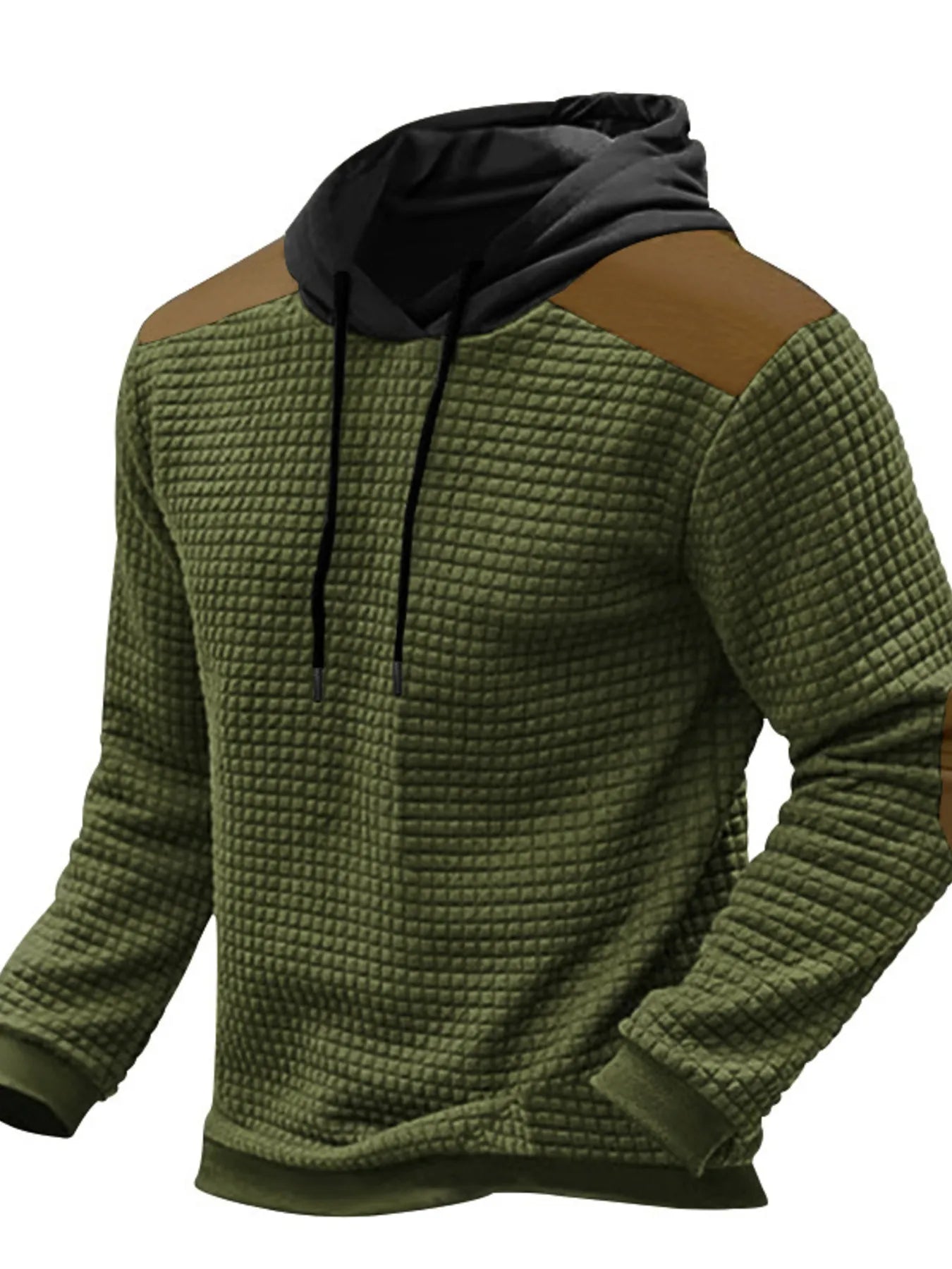 Men’s military green waffle-knit hoodie with black hood, brown contrast shoulder panels and drawstring
