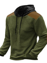 Men’s military green waffle-knit hoodie with black hood, brown contrast shoulder panels and drawstring