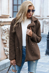 Ivy Lane women's mocha sherpa coat with lapel collar, double-breasted button front, long sleeves, and textured fabric, available in sizes S–5XL.