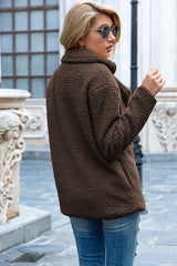 Ivy Lane women's mocha sherpa coat with lapel collar, double-breasted button front, long sleeves, and textured fabric, available in sizes S–5XL.