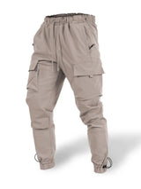 Men’s plus size mocha drawstring cargo pants with multiple utility pockets and gathered ankles