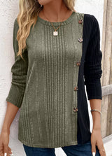 Women’s moss green and black color block ribbed knit long sleeve top with decorative side buttons and slit detail, available in sizes Small–2XL.