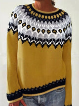 Women’s vintage patterned round neck sweater in mustard with multicolor yoke design, available in sizes Small through 5XL.
