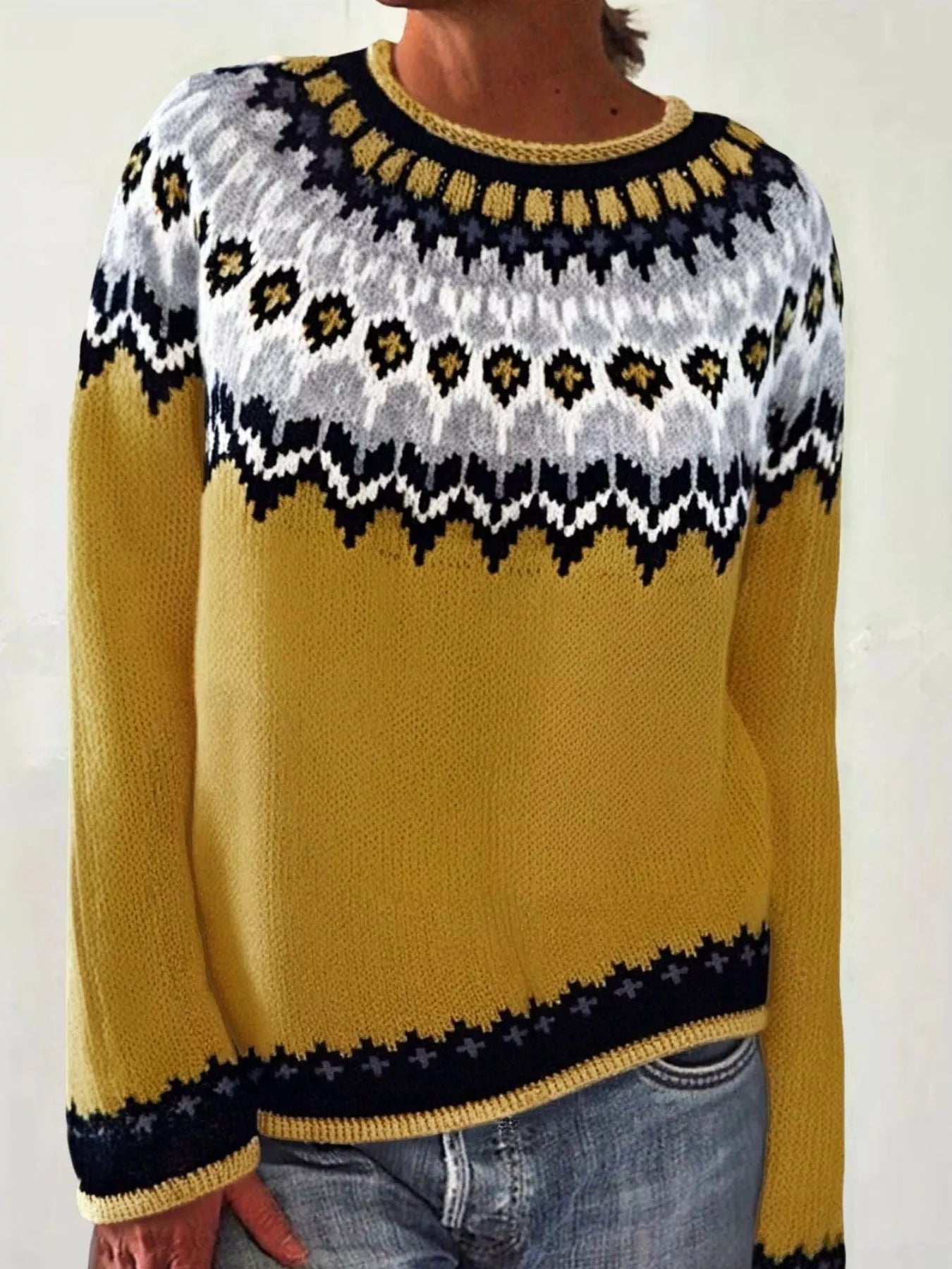 Women’s vintage patterned round neck sweater in mustard with multicolor yoke design, available in sizes Small through 5XL.