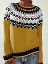 Women’s vintage patterned round neck sweater in mustard with multicolor yoke design, available in sizes Small through 5XL.