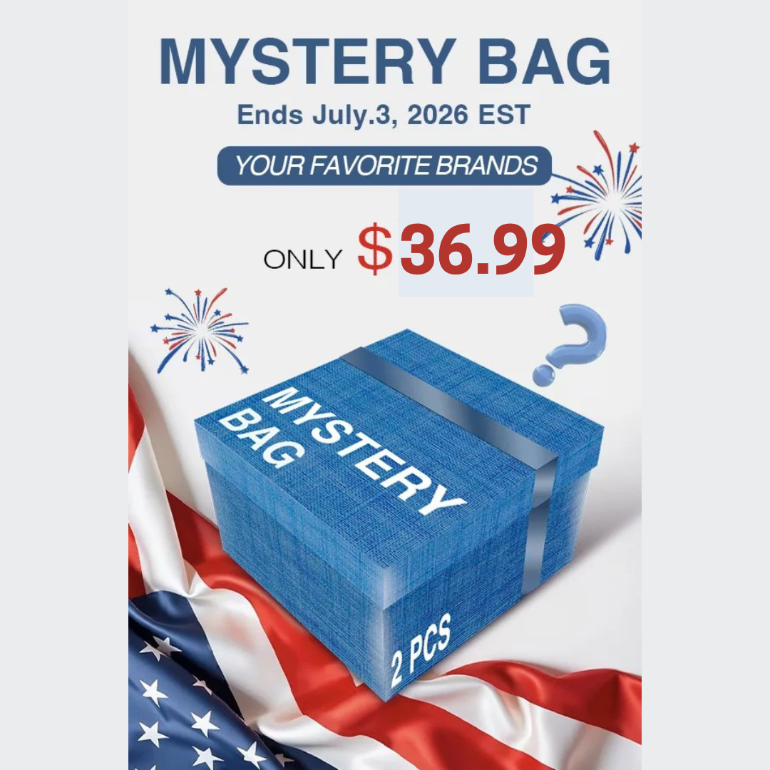 Promotional image of a blue mystery bag with an American flag in the background, featuring text about a limited-time offer.