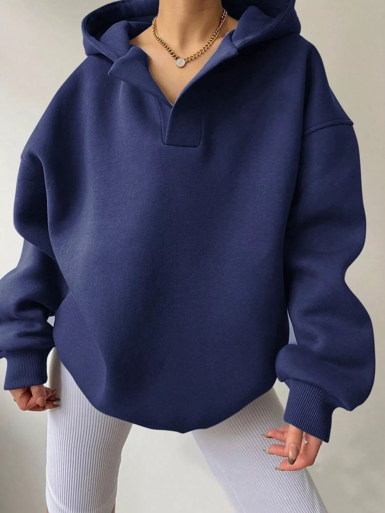 Women's oversized dropped shoulder hoodie sweatshirt in navy blue with long sleeves and relaxed fit, perfect for casual fall outfits, available in 11 colors and sizes Small–2XL.