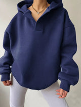 Women's oversized dropped shoulder hoodie sweatshirt in navy blue with long sleeves and relaxed fit, perfect for casual fall outfits, available in 11 colors and sizes Small–2XL.