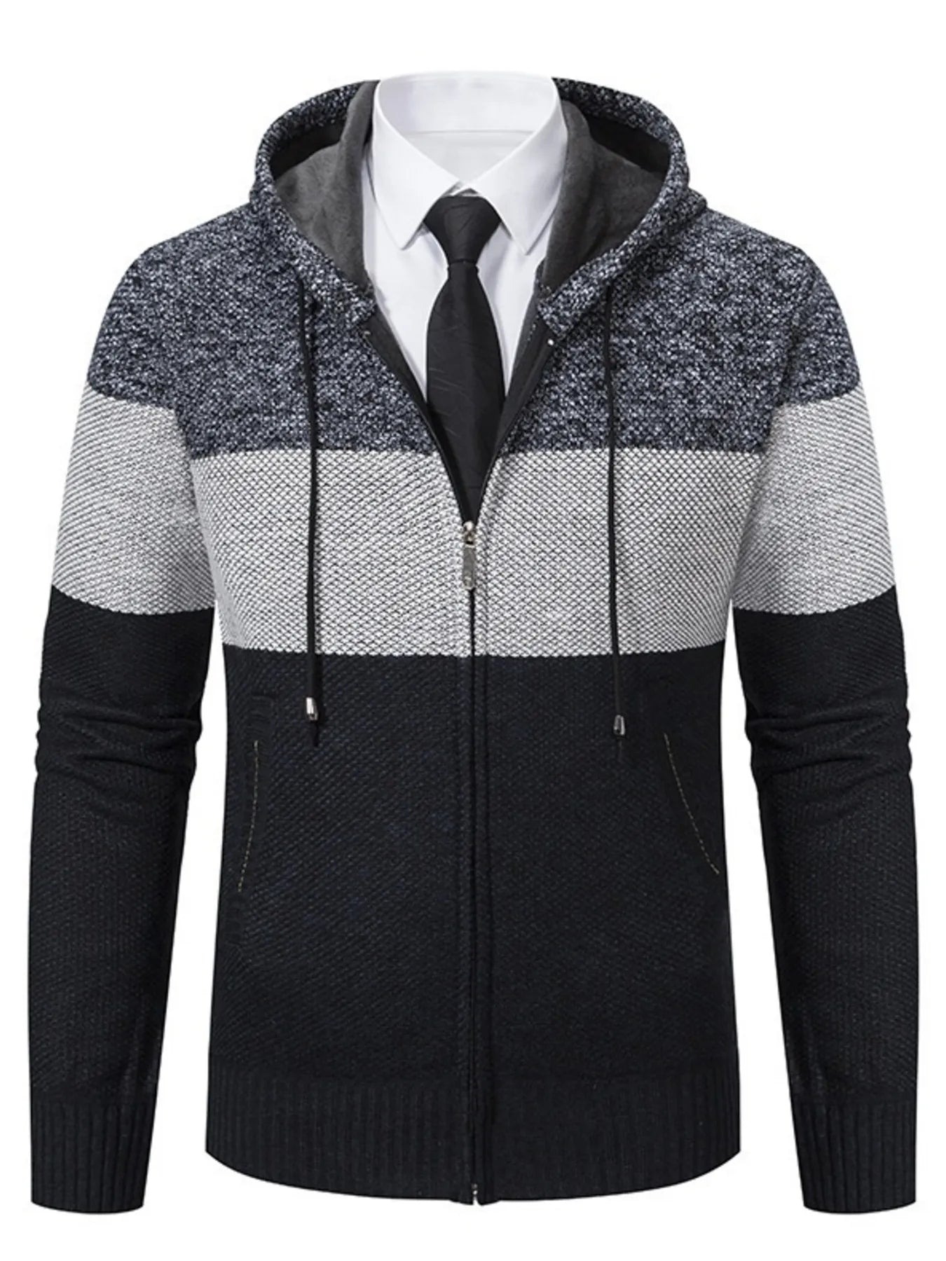 Men’s plus size navy blue, gray and black color block hooded zip-up cable-knit cardigan