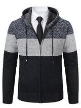 Men’s plus size navy blue, gray and black color block hooded zip-up cable-knit cardigan