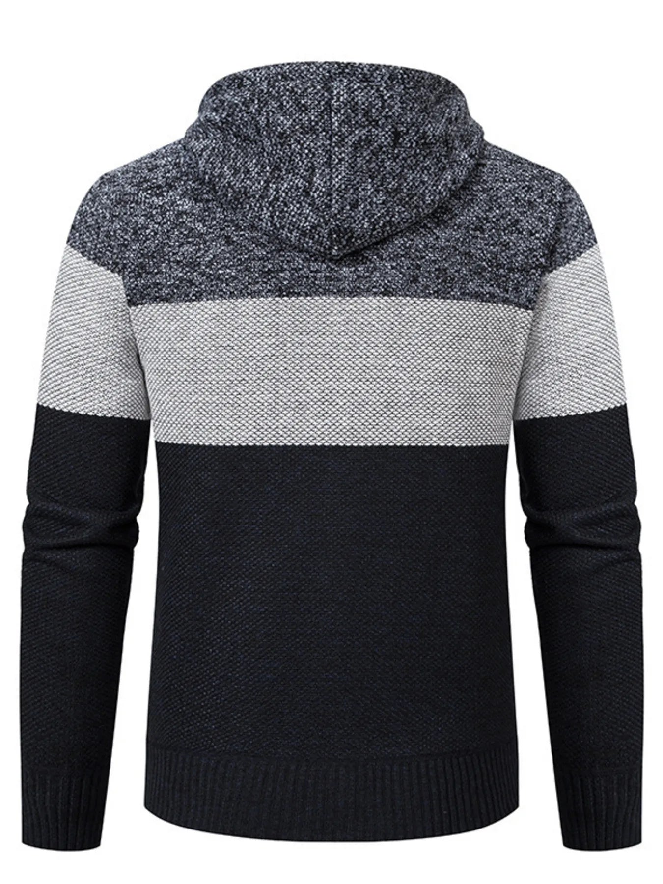 Men’s plus size navy blue, gray and black color block hooded zip-up cable-knit cardigan
