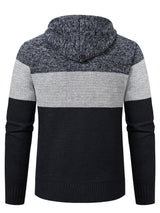 Men’s plus size navy blue, gray and black color block hooded zip-up cable-knit cardigan