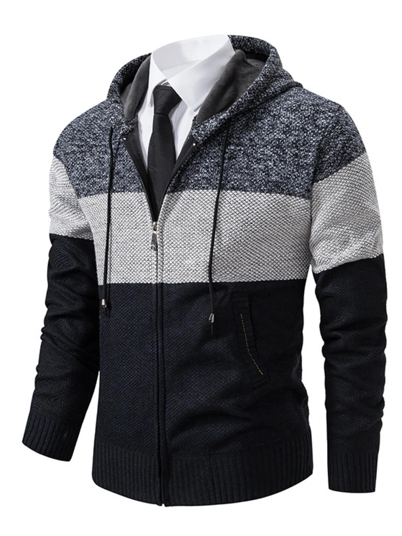Men’s plus size navy blue, gray and black color block hooded zip-up cable-knit cardigan