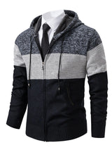 Men’s plus size navy blue, gray and black color block hooded zip-up cable-knit cardigan