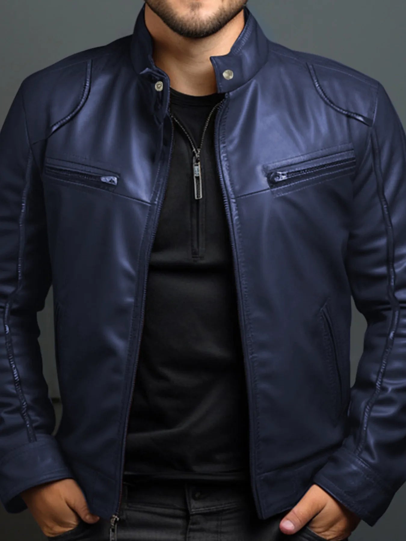 Men’s navy blue PU leather motorcycle jacket with zipper front, stand collar and zippered chest pockets, available in sizes Small–5XL.