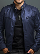 Men’s navy blue PU leather motorcycle jacket with zipper front, stand collar and zippered chest pockets, available in sizes Small–5XL.