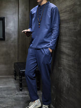 Men’s plus size navy blue button detail long sleeve top and pants two-piece set, available in sizes Medium to 5XL.