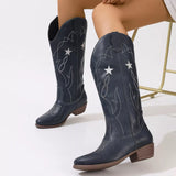 Women's Western Star Embroidered Cowboy Boots with low heel and embroidered star detailing, available in multiple colors for fall outfits, country concerts, dresses, and denim.