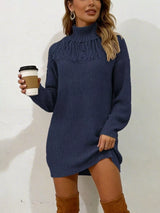 Navy plus size turtleneck sweater dress with fringe neckline and long sleeves