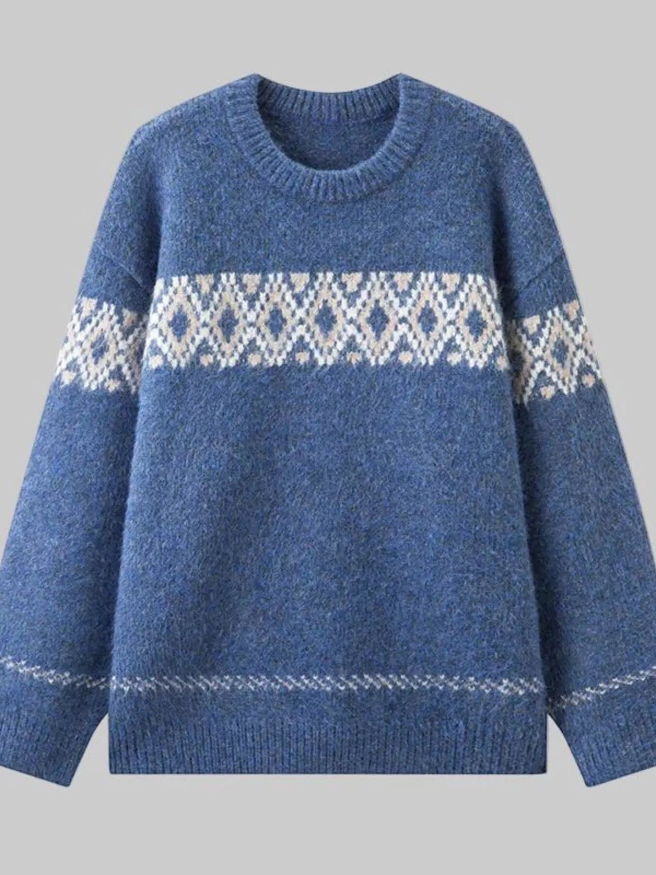 Women’s vintage patterned round neck sweater in navy with multicolor yoke design, available in sizes Small through 5XL.
