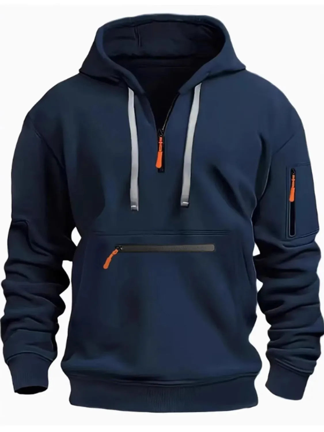 Men’s navy full size half zip long sleeve hoodie with black drawstrings and zippered pocket details