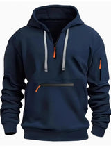 Men’s navy full size half zip long sleeve hoodie with black drawstrings and zippered pocket details
