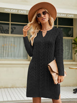 Black notched neck cable-knit long sleeve sweater dress with side slit for women