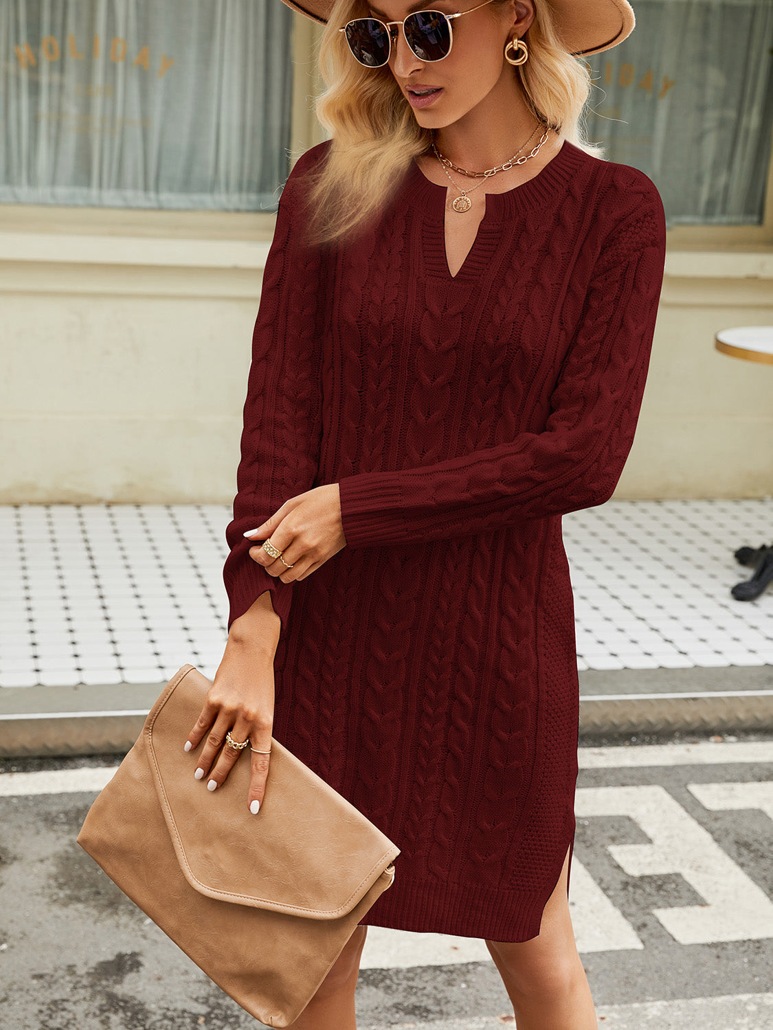 Burgundy notched neck cable-knit long sleeve sweater dress with side slit for women