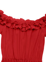 Red off-shoulder top with ruffled details on a white background