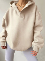 Women's oversized dropped shoulder hoodie sweatshirt in off-white with long sleeves and relaxed fit, perfect for casual fall outfits, available in 11 colors and sizes Small–2XL.