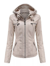 An off-white faux leather moto jacket with detachable drawstring hood, front zipper, seam detailing and zippered pockets.