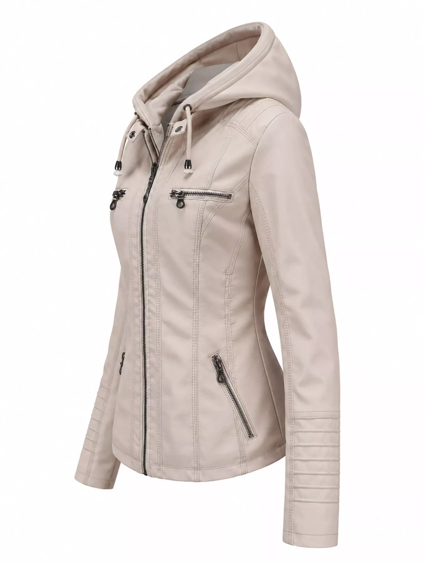 An off-white faux leather moto jacket with detachable drawstring hood, front zipper, seam detailing and zippered pockets.