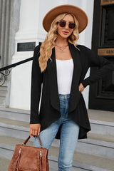 Women's black colored open front long sleeve cardigan with a flattering high-low hem. Lightweight boutique cardigan perfect for layering over dresses, tanks, or jeans for effortless fall style.