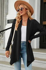 Women's Open Front Long Sleeve Cardigan in black layered over a white tank and blue jeans, lightweight long cardigan for fall outfits, available in nine colors at Chic Mystik Boutique.