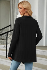 Women's Open Front Long Sleeve Cardigan in black layered over a white tank and blue jeans, lightweight long cardigan for fall outfits, available in nine colors at Chic Mystik Boutique.