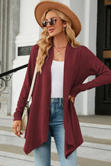 Women's Open Front Long Sleeve Cardigan in burgundy layered over a white tank and blue jeans, lightweight long cardigan for fall outfits, available in nine colors at Chic Mystik Boutique.