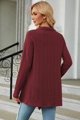 Women's Open Front Long Sleeve Cardigan in burgundy layered over a white tank and blue jeans, lightweight long cardigan for fall outfits, available in nine colors at Chic Mystik Boutique.