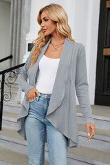 Women's cloudy blue colored open front long sleeve cardigan with a flattering high-low hem. Lightweight boutique cardigan perfect for layering over dresses, tanks, or jeans for effortless fall style.