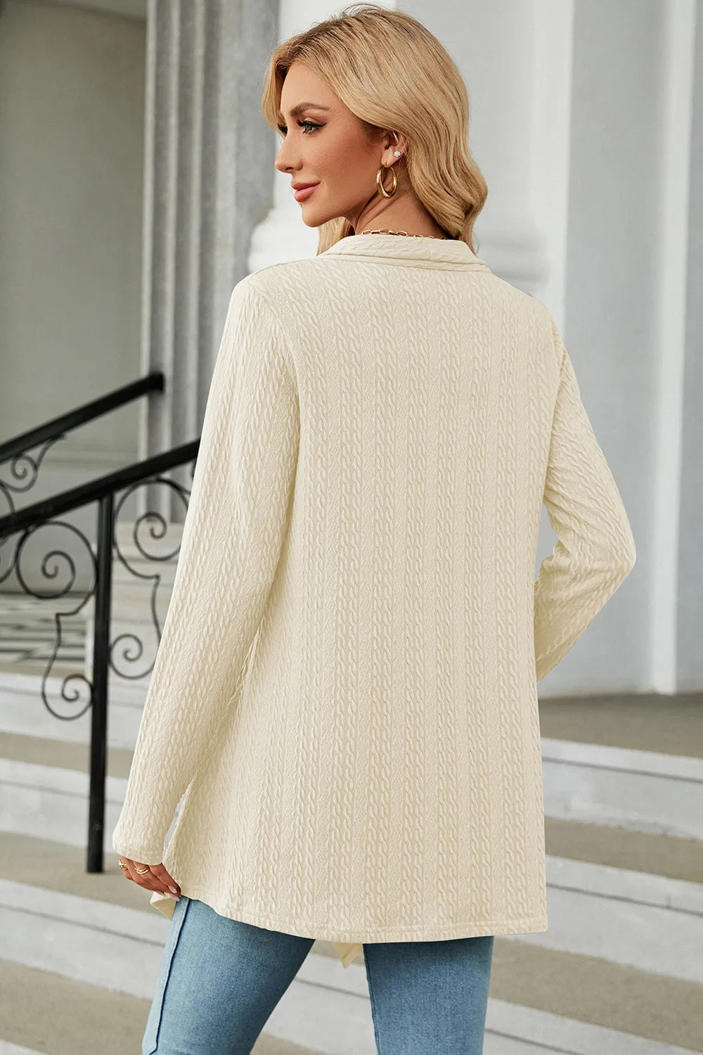 Women's Open Front Long Sleeve Cardigan in cream layered over a white tank and blue jeans, lightweight long cardigan for fall outfits, available in nine colors at Chic Mystik Boutique.