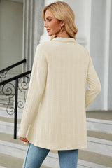 Women's Open Front Long Sleeve Cardigan in cream layered over a white tank and blue jeans, lightweight long cardigan for fall outfits, available in nine colors at Chic Mystik Boutique.