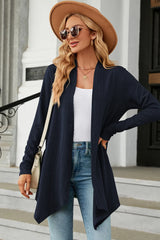 Women's Open Front Long Sleeve Cardigan in dark blue layered over a white tank and blue jeans, lightweight long cardigan for fall outfits, available in nine colors at Chic Mystik Boutique.