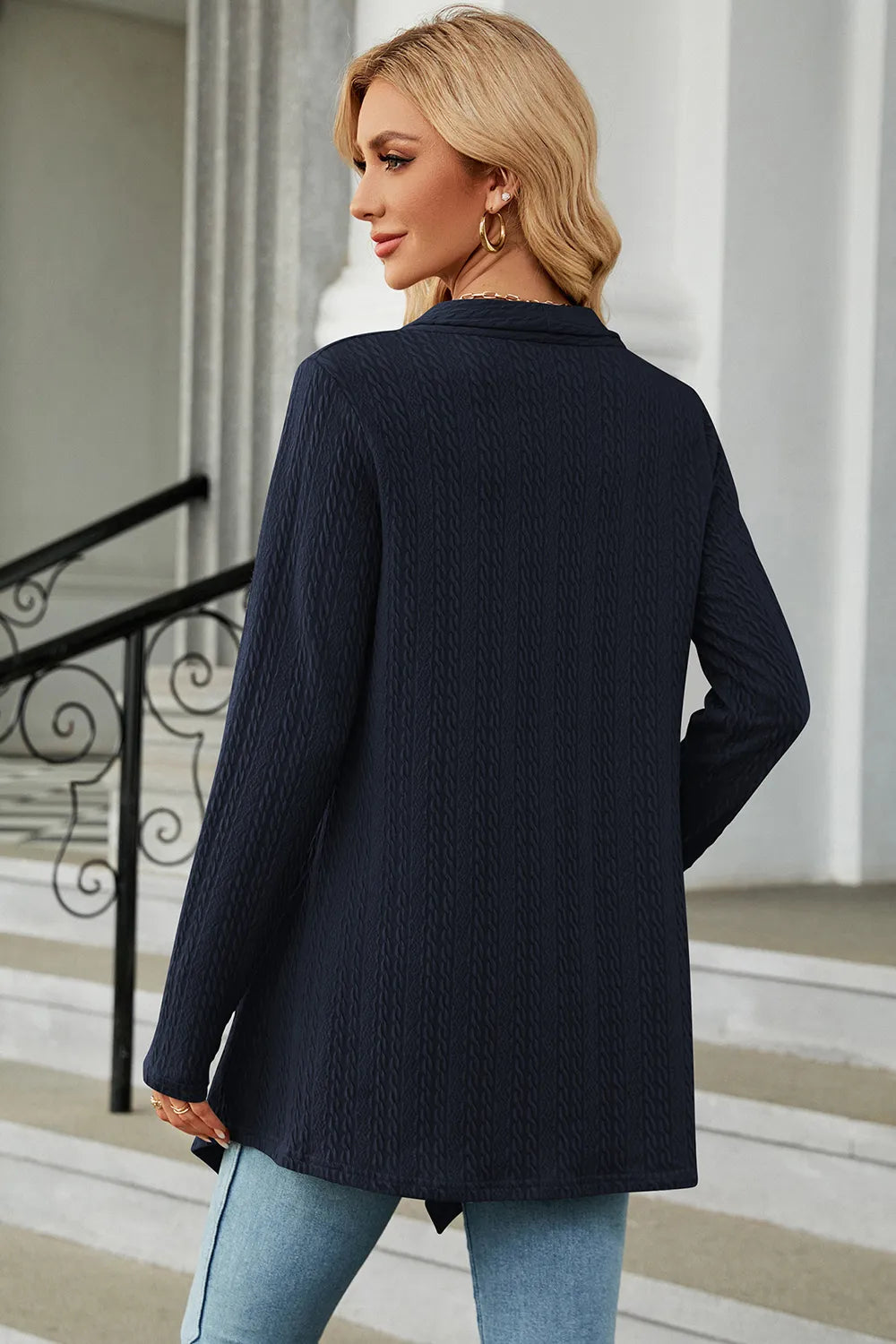 Women's Open Front Long Sleeve Cardigan in dark blue layered over a white tank and blue jeans, lightweight long cardigan for fall outfits, available in nine colors at Chic Mystik Boutique.