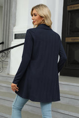 Women's dark navy colored open front long sleeve cardigan with a flattering high-low hem. Lightweight boutique cardigan perfect for layering over dresses, tanks, or jeans for effortless fall style.