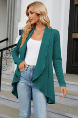 Women's deep teal colored open front long sleeve cardigan with a flattering high-low hem. Lightweight boutique cardigan perfect for layering over dresses, tanks, or jeans for effortless fall style.