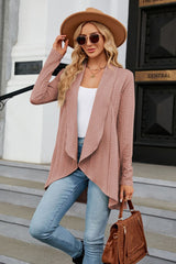 Women's dusty pink colored open front long sleeve cardigan with a flattering high-low hem. Lightweight boutique cardigan perfect for layering over dresses, tanks, or jeans for effortless fall style.