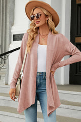 Women's Open Front Long Sleeve Cardigan in dusty pink layered over a white tank and blue jeans, lightweight long cardigan for fall outfits, available in nine colors at Chic Mystik Boutique.